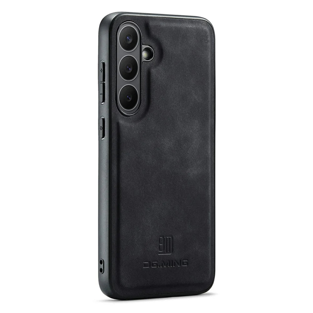 DG.MING For Samsung Galaxy S25 FE Case PU Leather Covered PC + TPU Hybrid Phone Shell - Black - 3