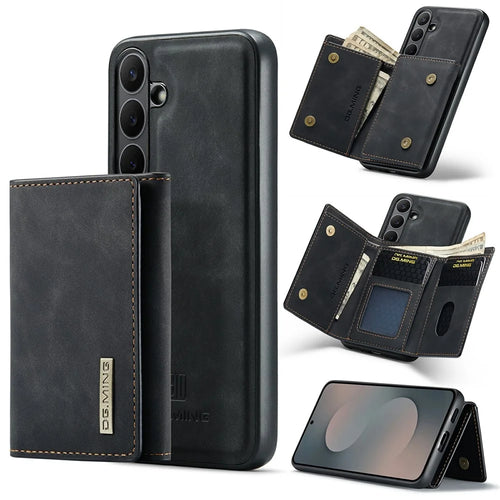 DG.MING M1 Series for Samsung Galaxy S25 FE Case Kickstand PU Phone Cover with Detachable Wallet - Black - 1