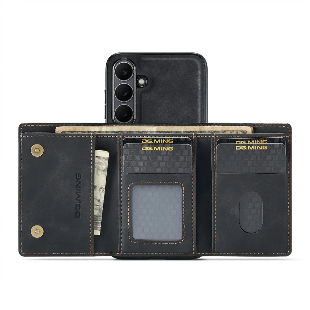 DG.MING M1 Series for Samsung Galaxy S25 FE Case Kickstand PU Phone Cover with Detachable Wallet - Black - 2
