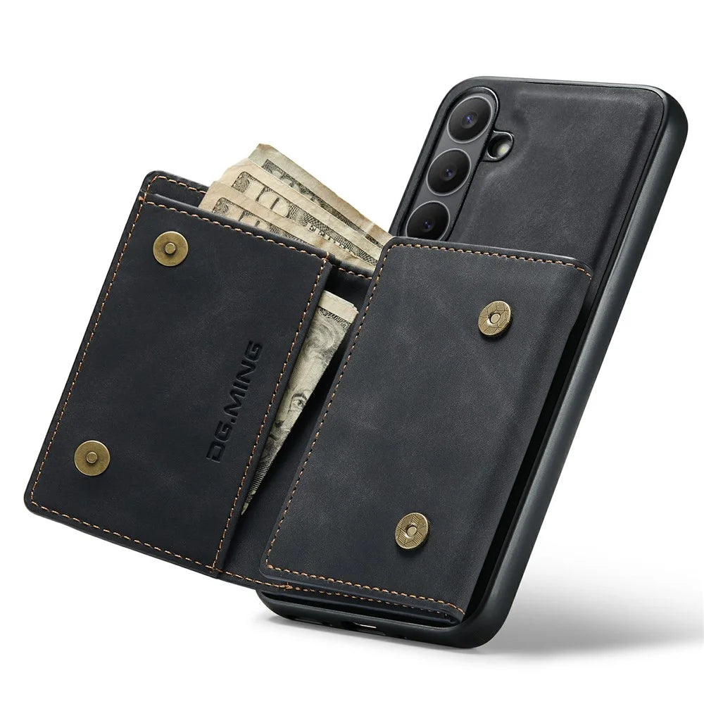 DG.MING M1 Series for Samsung Galaxy S25 FE Case Kickstand PU Phone Cover with Detachable Wallet - Black - 3