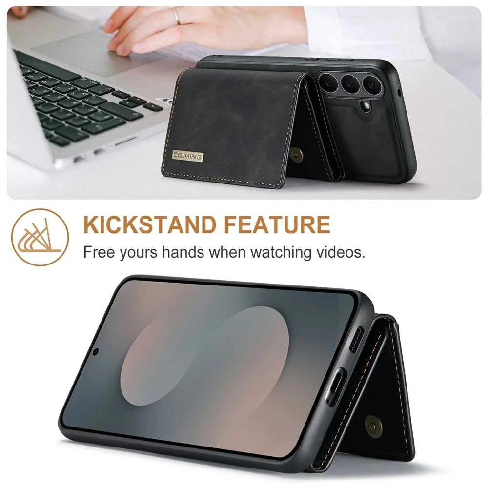 DG.MING M1 Series for Samsung Galaxy S25 FE Case Kickstand PU Phone Cover with Detachable Wallet - Black - 6