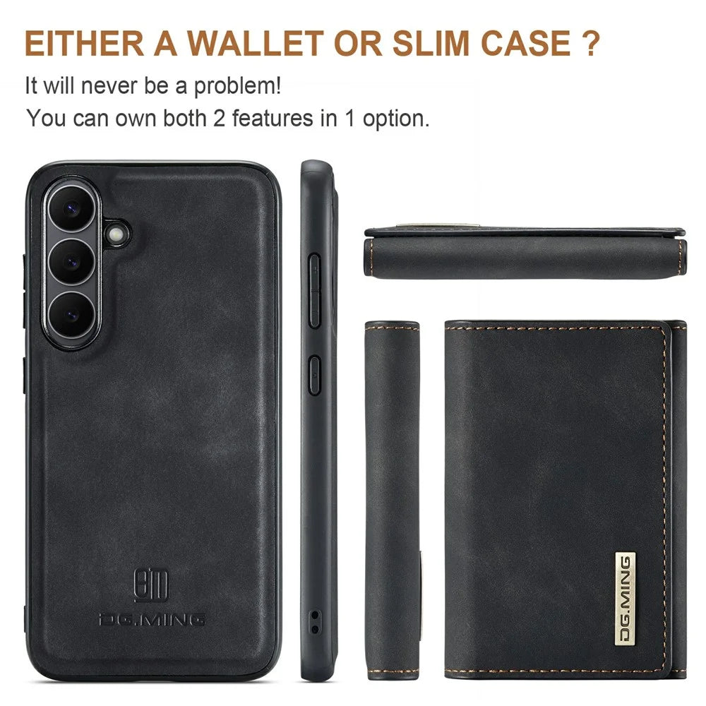 DG.MING M1 Series for Samsung Galaxy S25 FE Case Kickstand PU Phone Cover with Detachable Wallet - Black - 7