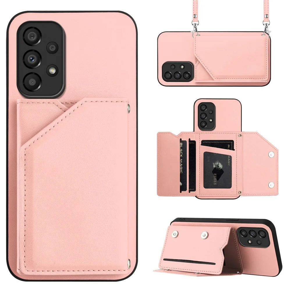 For Samsung Galaxy A33 5G Case Card Holder Kickstand Skin-Touch PU TPU Phone Cover with Shoulder Strap - Pink - 1