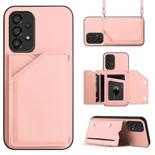 For Samsung Galaxy A33 5G Case Card Holder Kickstand Skin-Touch PU TPU Phone Cover with Shoulder Strap - Pink - 1