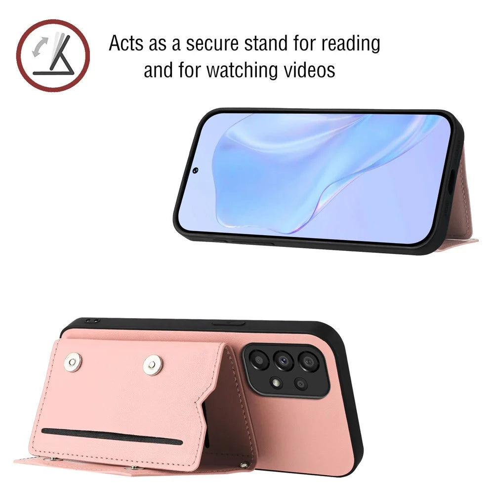 For Samsung Galaxy A33 5G Case Card Holder Kickstand Skin-Touch PU TPU Phone Cover with Shoulder Strap - Pink - 3