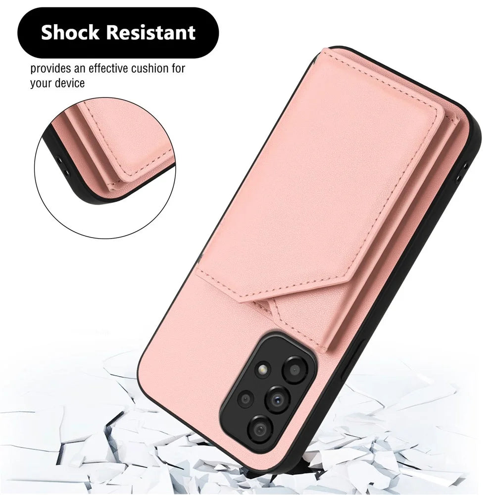 For Samsung Galaxy A33 5G Case Card Holder Kickstand Skin-Touch PU TPU Phone Cover with Shoulder Strap - Pink - 4