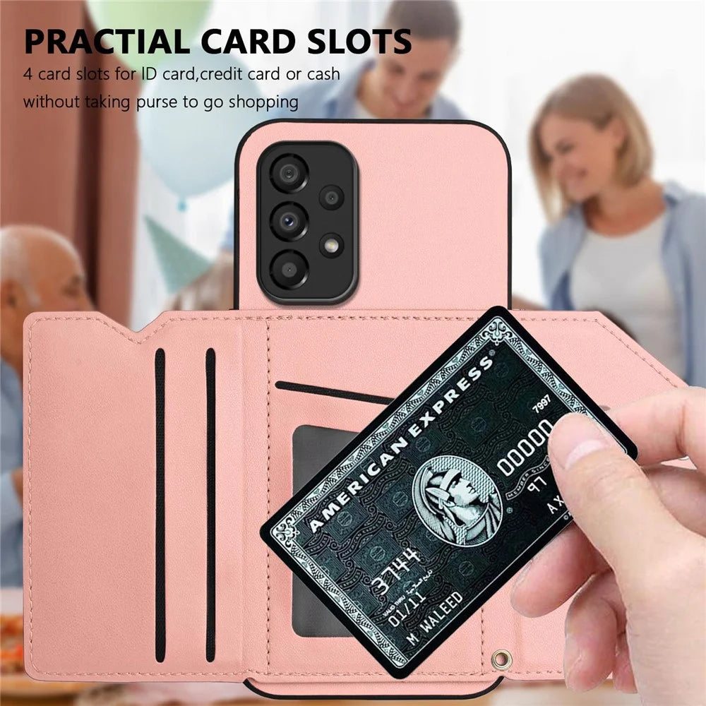 For Samsung Galaxy A33 5G Case Card Holder Kickstand Skin-Touch PU TPU Phone Cover with Shoulder Strap - Pink - 5
