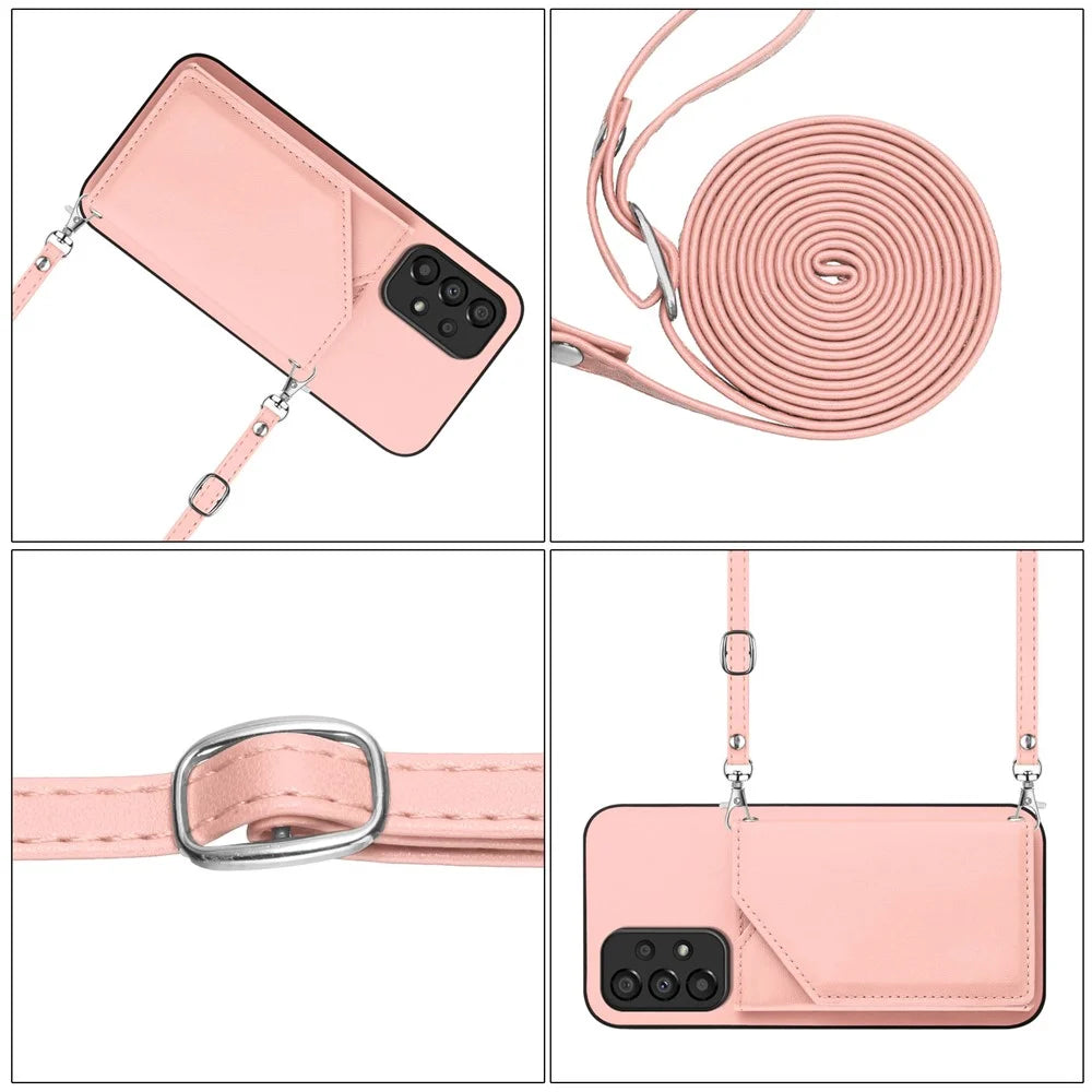 For Samsung Galaxy A33 5G Case Card Holder Kickstand Skin-Touch PU TPU Phone Cover with Shoulder Strap - Pink - 6