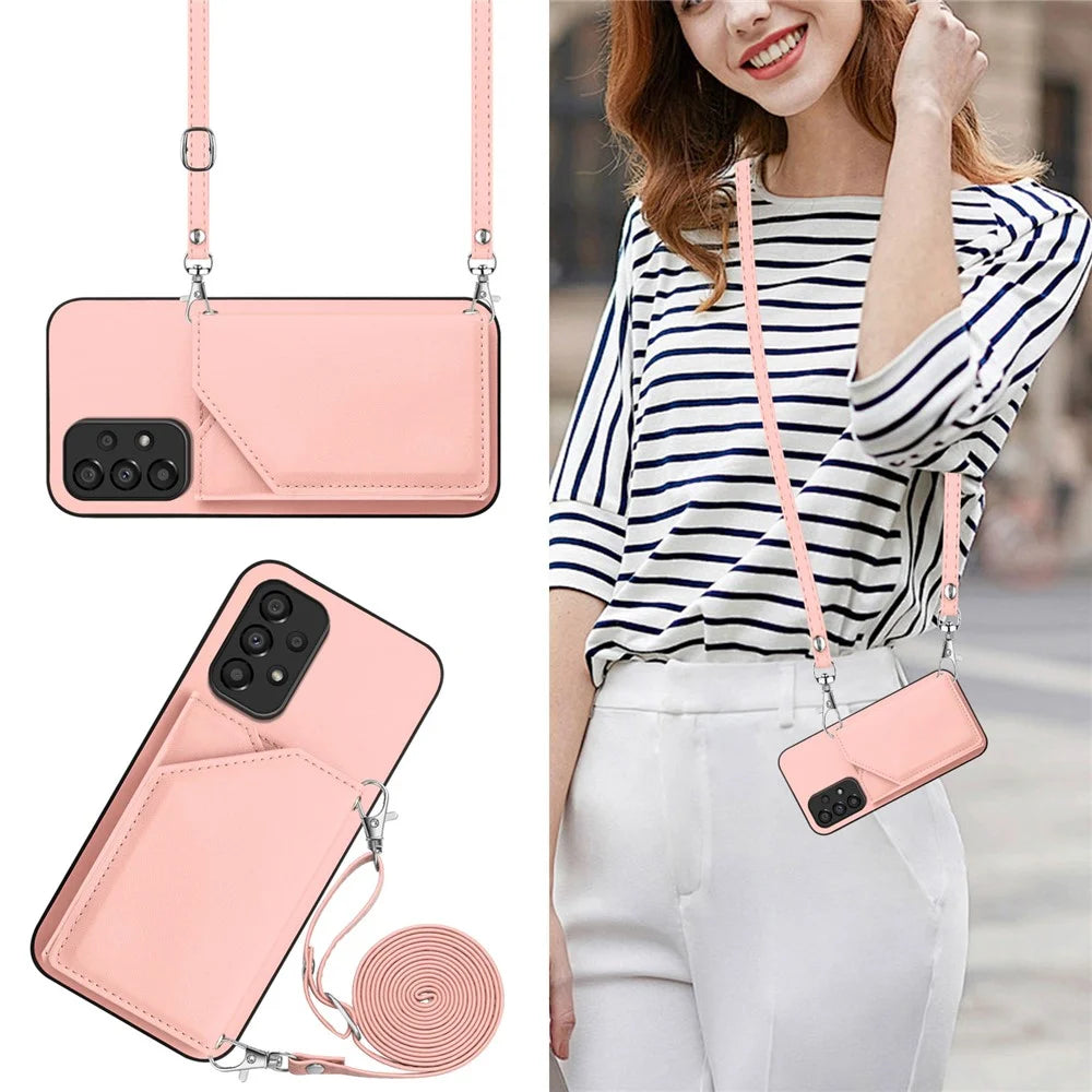 For Samsung Galaxy A33 5G Case Card Holder Kickstand Skin-Touch PU TPU Phone Cover with Shoulder Strap - Pink - 7