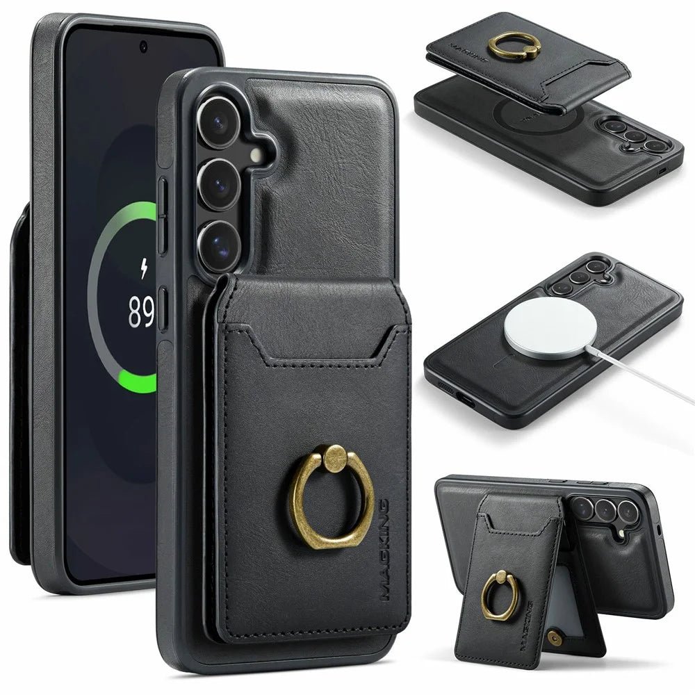 MAGKING K1 Series For Samsung Galaxy S25 FE Magnetic Case PC + TPU + PU Phone Cover with Card Holder - Black - 1