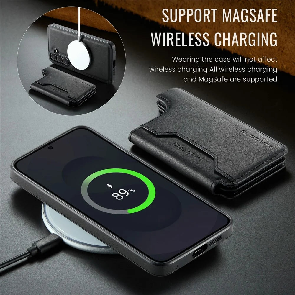 MAGKING K3 Series For Samsung Galaxy S25 FE Magnetic Case Wallet PC + TPU + PU Phone Cover - Black - 6