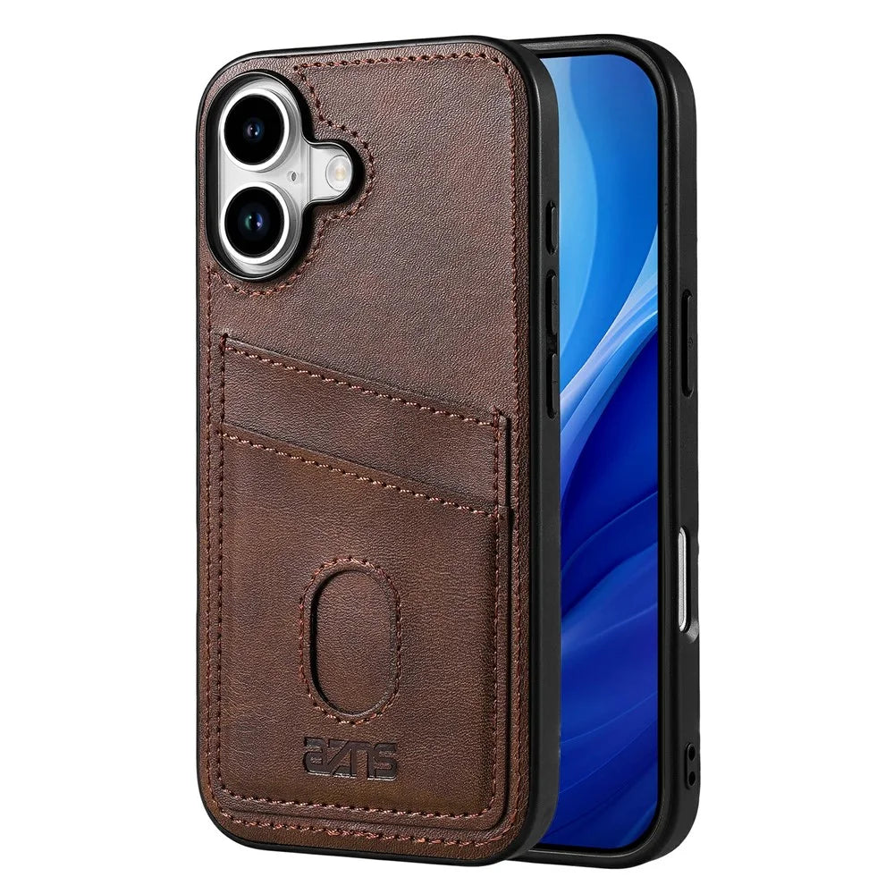 AZNS K1 Series For iPhone 17 Case Calf Texture Anti-Drop PU+TPU Phone Cover with 2 Card Slot - Coffee - 1