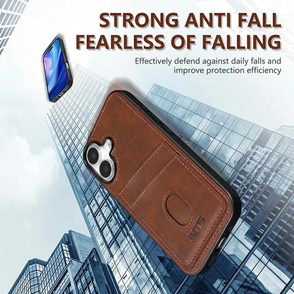 AZNS K1 Series For iPhone 17 Case Calf Texture Anti-Drop PU+TPU Phone Cover with 2 Card Slot - Coffee - 6