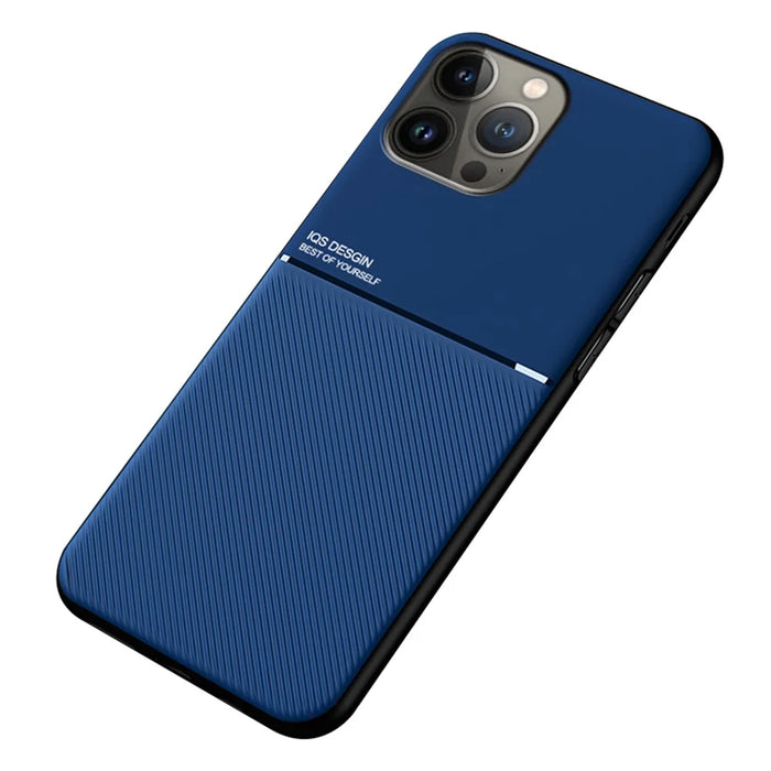 Shockproof Back Protector for iPhone 14 Pro Max, Lines Imprinted PU Leather+TPU Hybrid Shell with Built-in Metal Sheet - Blue - 1