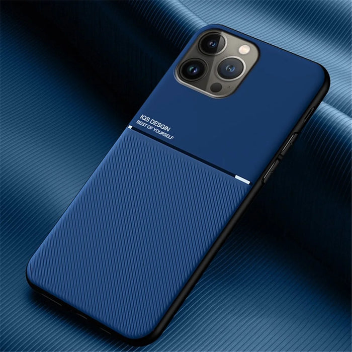 Shockproof Back Protector for iPhone 14 Pro Max, Lines Imprinted PU Leather+TPU Hybrid Shell with Built-in Metal Sheet - Blue - 2