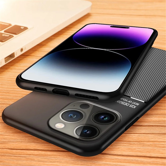 Shockproof Back Protector for iPhone 14 Pro Max, Lines Imprinted PU Leather+TPU Hybrid Shell with Built-in Metal Sheet - Blue - 3