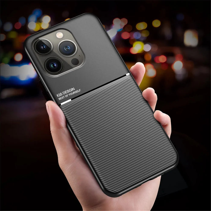 Shockproof Back Protector for iPhone 14 Pro Max, Lines Imprinted PU Leather+TPU Hybrid Shell with Built-in Metal Sheet - Blue - 4