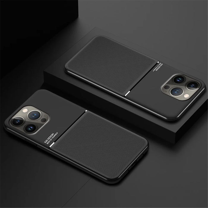 Shockproof Back Protector for iPhone 14 Pro Max, Lines Imprinted PU Leather+TPU Hybrid Shell with Built-in Metal Sheet - Blue - 6