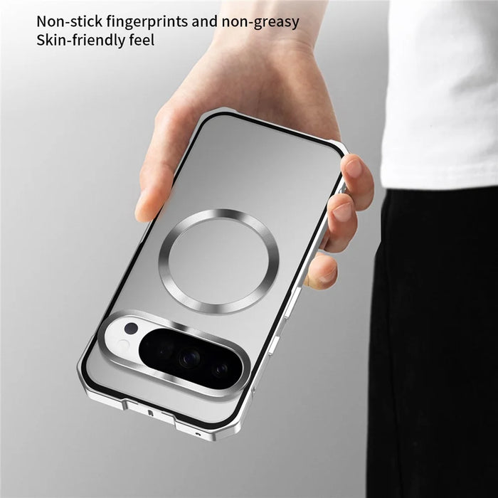 For Google Pixel 10 Pro XL Magnetic Case Hard PC Metal Frame Frosted Phone Back Cover - Silver - 4