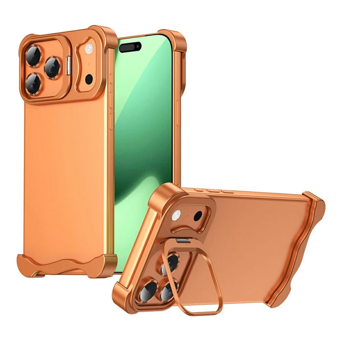 For iPhone 17 Pro Max Bumper Case Lens Kickstand Heat Dissipating Metal Corner Phone Cover - Orange - 1