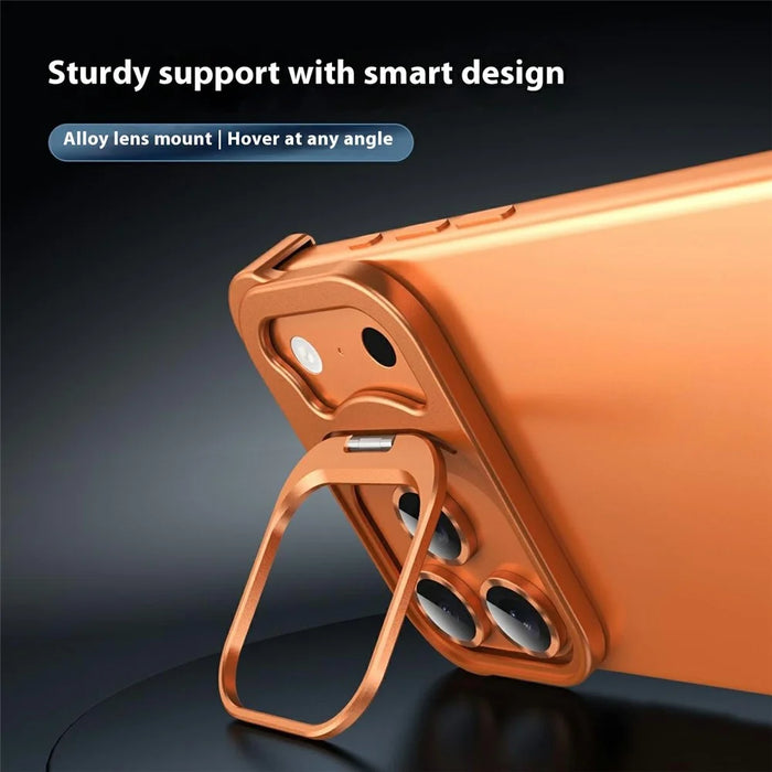 For iPhone 17 Pro Max Bumper Case Lens Kickstand Heat Dissipating Metal Corner Phone Cover - Orange - 4