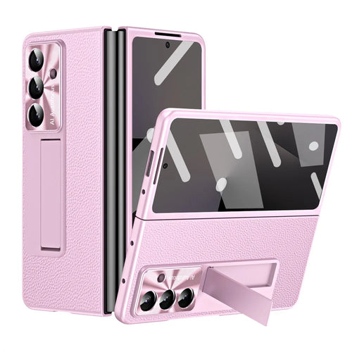 For Samsung Galaxy Z Fold7 5G Case Kickstand Leather + PC Phone Cover with Tempered Glass Film - Pink - 1
