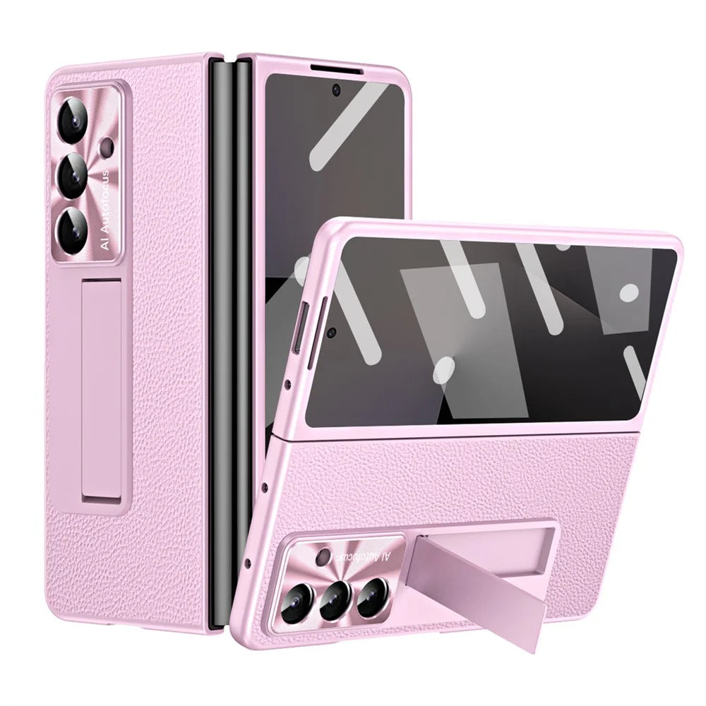 For Samsung Galaxy Z Fold7 5G Case Kickstand Leather + PC Phone Cover with Tempered Glass Film - Pink - 1