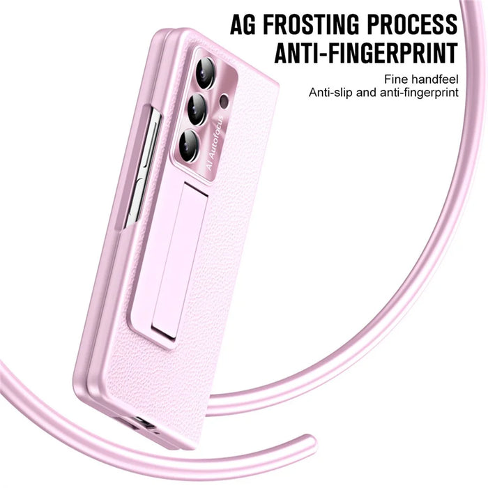 For Samsung Galaxy Z Fold7 5G Case Kickstand Leather + PC Phone Cover with Tempered Glass Film - Pink - 2