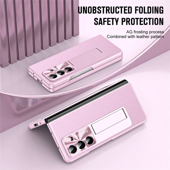 For Samsung Galaxy Z Fold7 5G Case Kickstand Leather + PC Phone Cover with Tempered Glass Film - Pink - 3