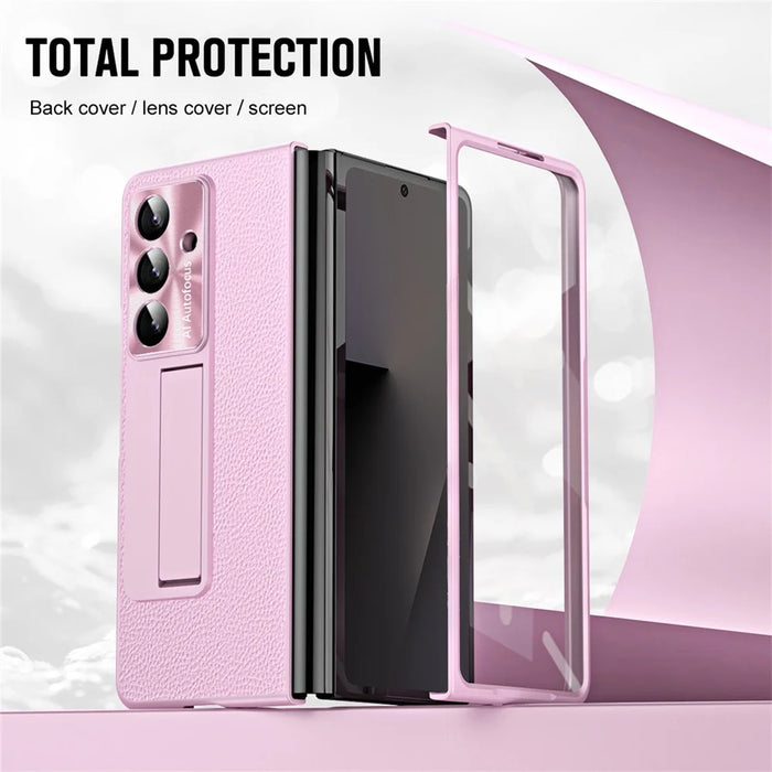 For Samsung Galaxy Z Fold7 5G Case Kickstand Leather + PC Phone Cover with Tempered Glass Film - Pink - 4