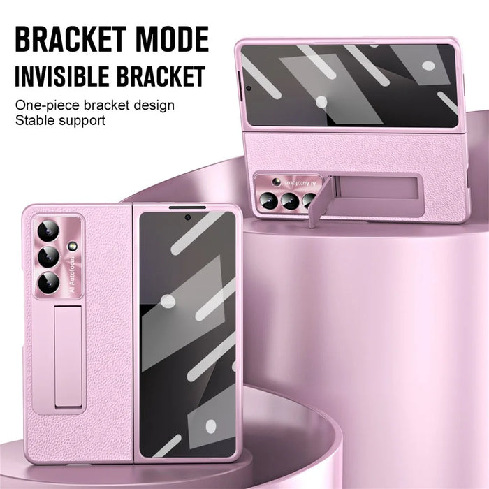 For Samsung Galaxy Z Fold7 5G Case Kickstand Leather + PC Phone Cover with Tempered Glass Film - Pink - 5