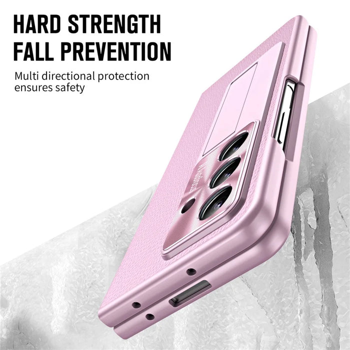 For Samsung Galaxy Z Fold7 5G Case Kickstand Leather + PC Phone Cover with Tempered Glass Film - Pink - 6