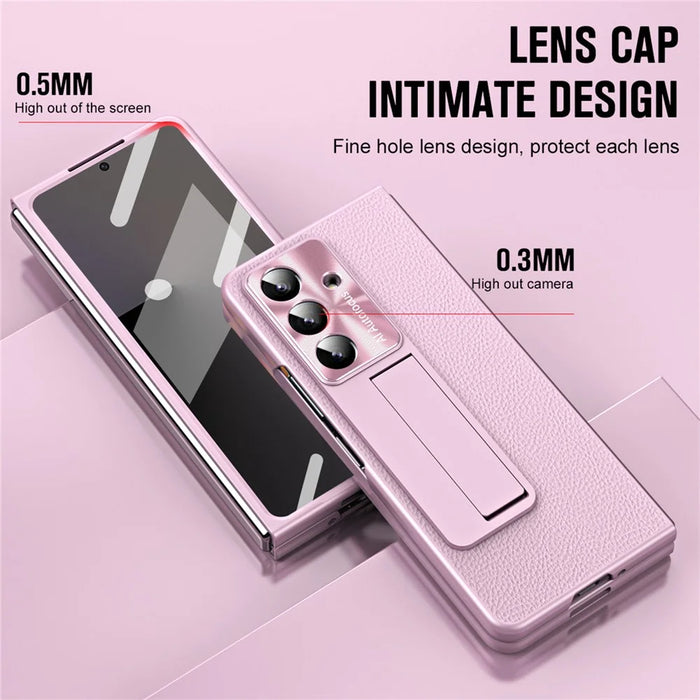 For Samsung Galaxy Z Fold7 5G Case Kickstand Leather + PC Phone Cover with Tempered Glass Film - Pink - 7