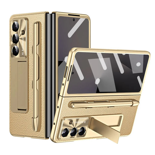 For Samsung Galaxy Z Fold7 5G Case Kickstand Leather + PC Hard Phone Cover with Screen Film and Stylus - Champagne Gold - 1