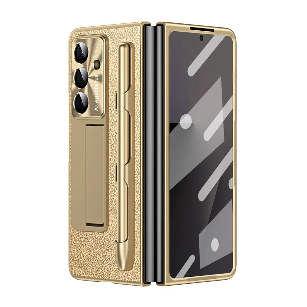 For Samsung Galaxy Z Fold7 5G Case Kickstand Leather + PC Hard Phone Cover with Screen Film and Stylus - Champagne Gold - 2