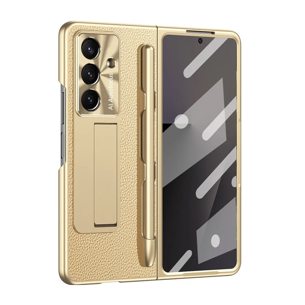 For Samsung Galaxy Z Fold7 5G Case Kickstand Leather + PC Hard Phone Cover with Screen Film and Stylus - Champagne Gold - 3