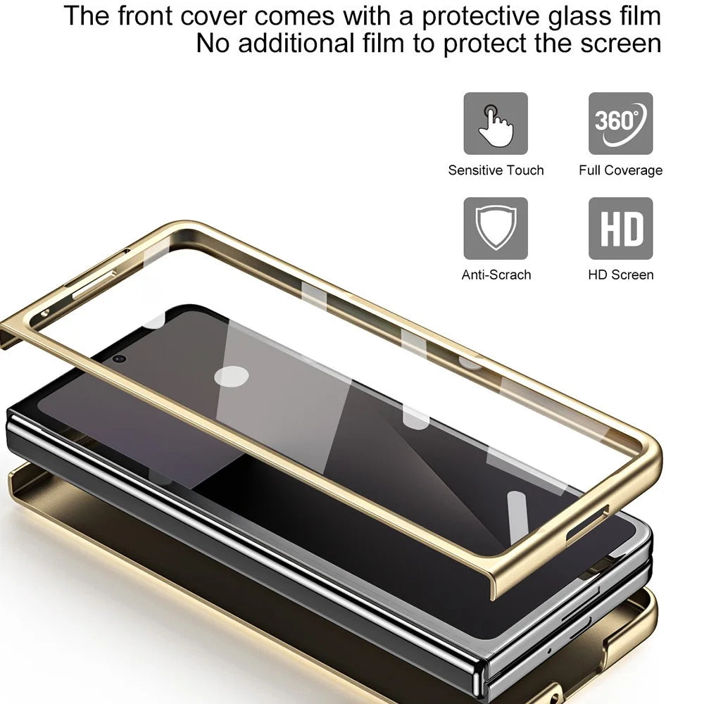 For Samsung Galaxy Z Fold7 5G Case Kickstand Leather + PC Hard Phone Cover with Screen Film and Stylus - Champagne Gold - 5