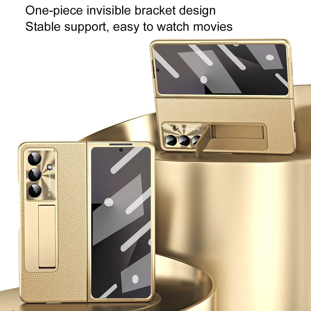 For Samsung Galaxy Z Fold7 5G Case Kickstand Leather + PC Hard Phone Cover with Screen Film and Stylus - Champagne Gold - 6
