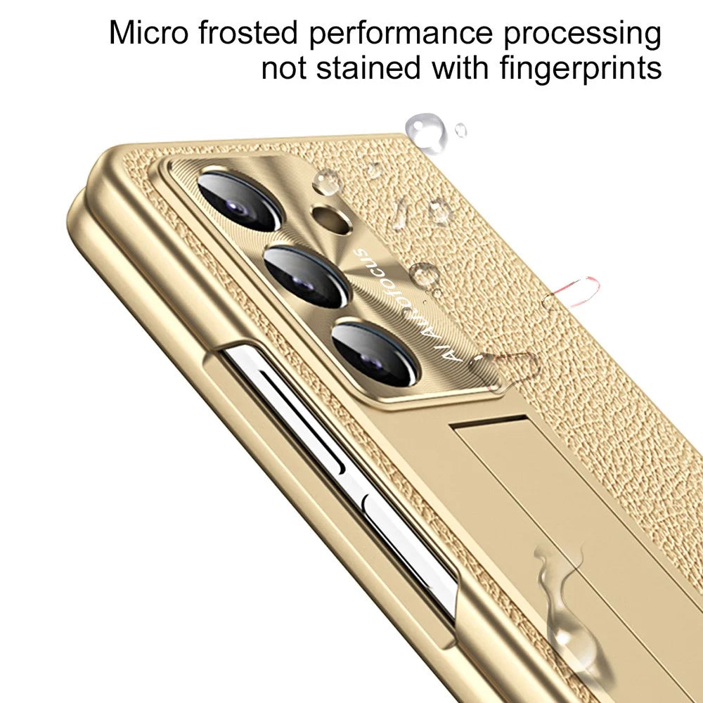 For Samsung Galaxy Z Fold7 5G Case Kickstand Leather + PC Hard Phone Cover with Screen Film and Stylus - Champagne Gold - 7