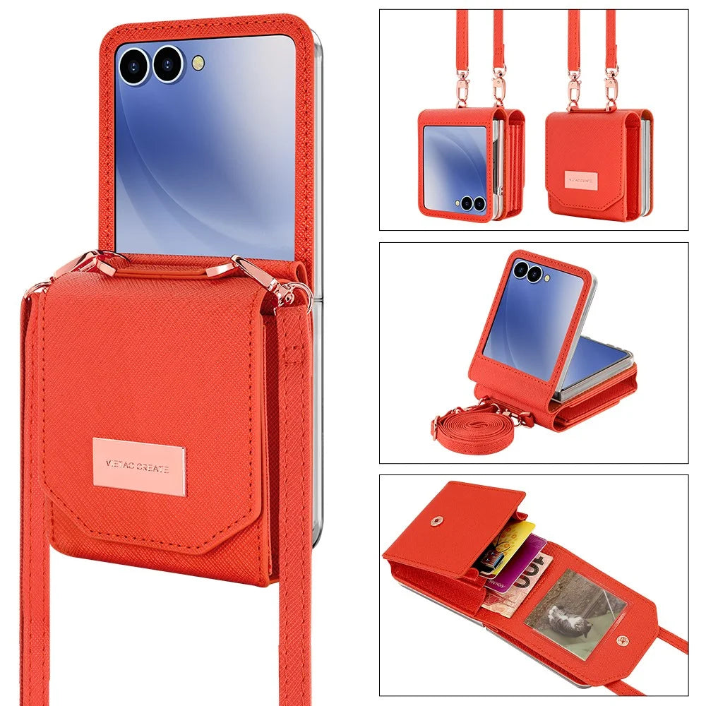 For Samsung Galaxy Z Flip7 5G Case Card Bag Kickstand PU Leather PC Phone Cover with Strap - Orange - 1