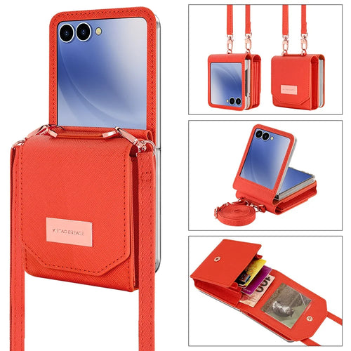 For Samsung Galaxy Z Flip7 5G Case Card Bag Kickstand PU Leather PC Phone Cover with Strap - Orange - 1