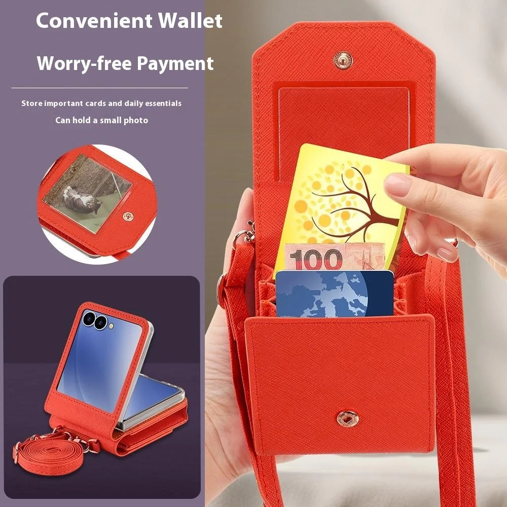 For Samsung Galaxy Z Flip7 5G Case Card Bag Kickstand PU Leather PC Phone Cover with Strap - Orange - 3