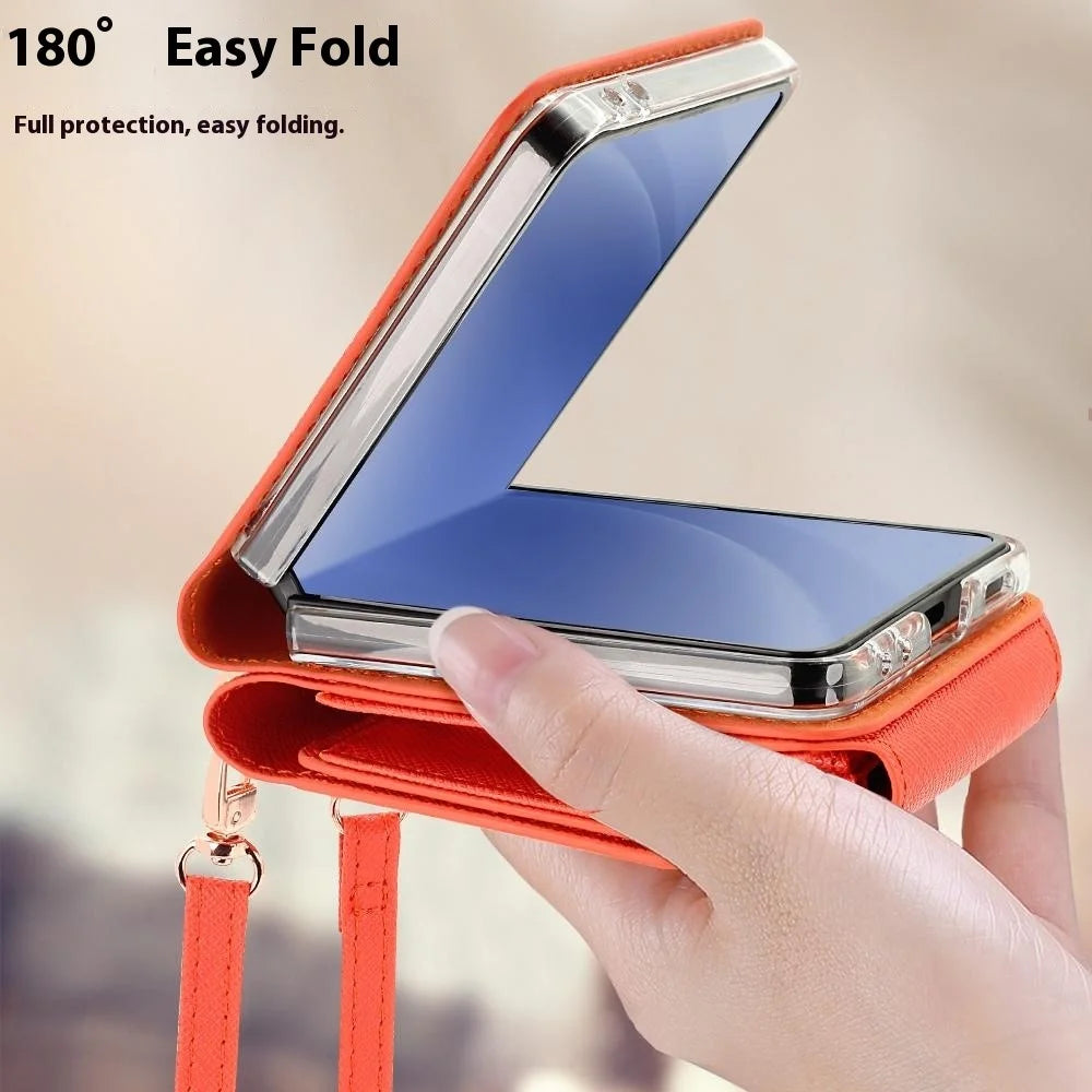 For Samsung Galaxy Z Flip7 5G Case Card Bag Kickstand PU Leather PC Phone Cover with Strap - Orange - 5