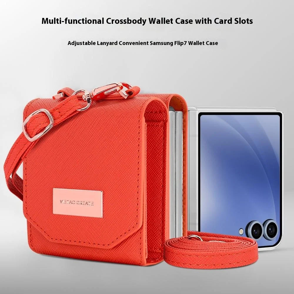 For Samsung Galaxy Z Flip7 5G Case Card Bag Kickstand PU Leather PC Phone Cover with Strap - Orange - 6