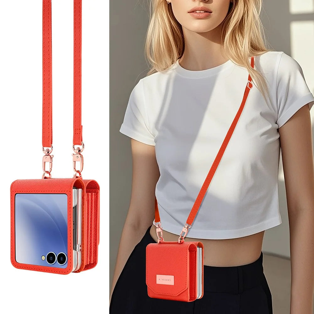 For Samsung Galaxy Z Flip7 5G Case Card Bag Kickstand PU Leather PC Phone Cover with Strap - Orange - 7