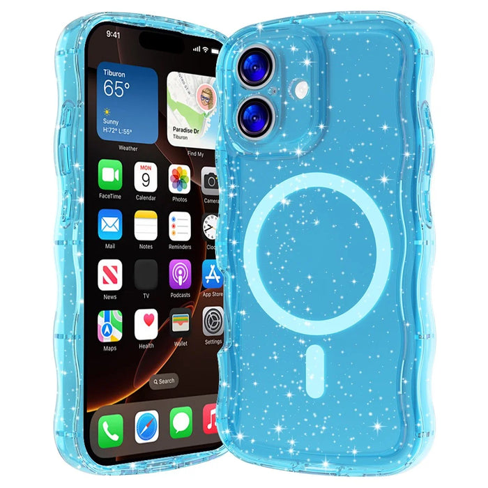 For iPhone 17 Magnetic Case Wave Edge Glitter TPU Phone Back Cover - Clear Rose Gold - Transparent Blue - 1
