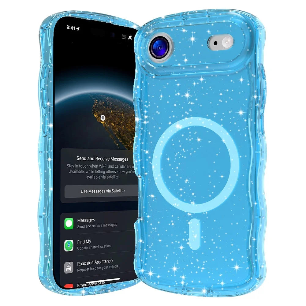 For iPhone Air Magnetic Case Wave Edge Glitter TPU Phone Back Cover - Transparent Blue - 1