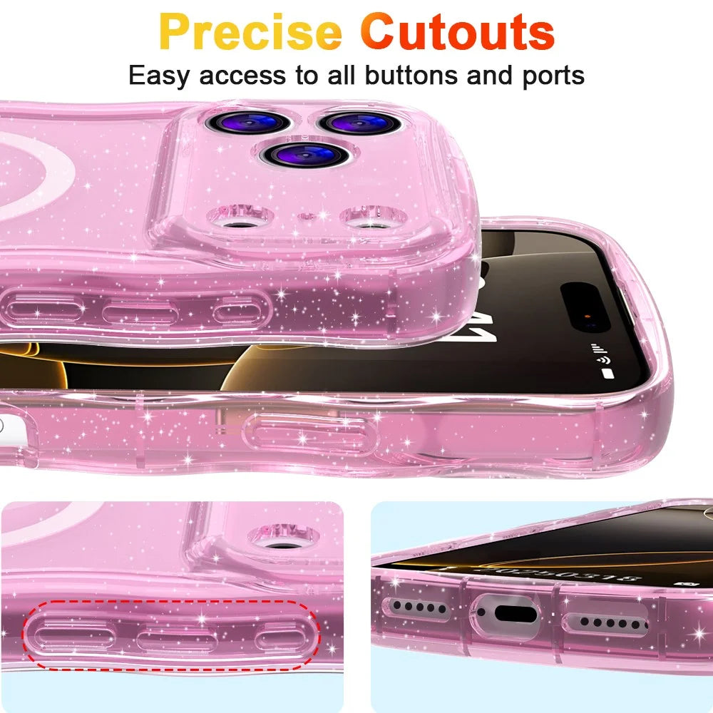 For iPhone 17 Pro Magnetic Case Wave Edge Glitter TPU Phone Back Cover - Transparent Pink - 6