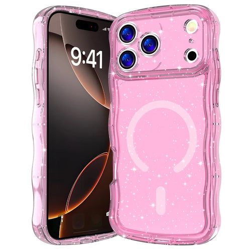 For iPhone 17 Pro Max Magnetic Case Wave Edge Glitter TPU Phone Back Cover - Transparent Pink - 1