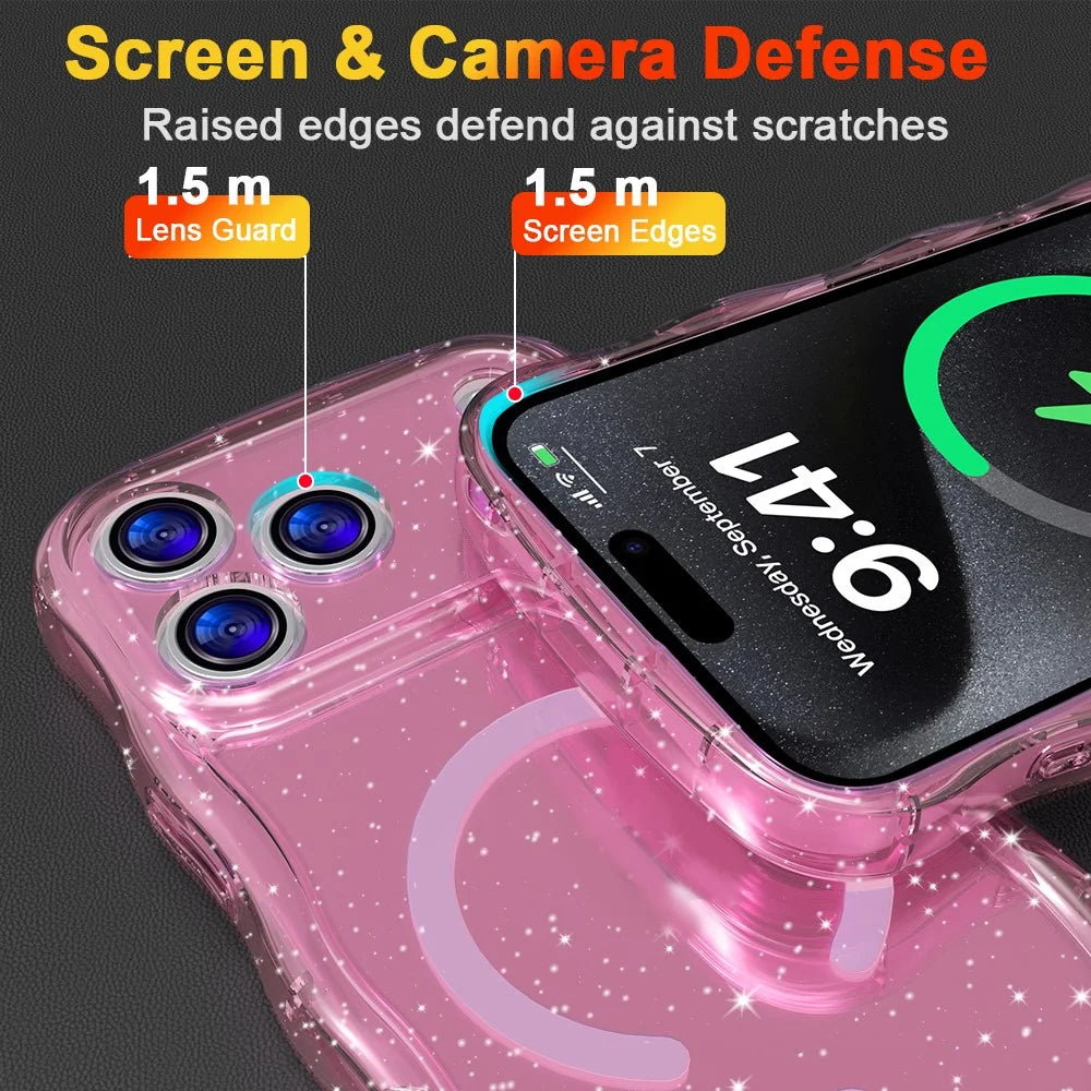 For iPhone 17 Pro Max Magnetic Case Wave Edge Glitter TPU Phone Back Cover - Transparent Pink - 4